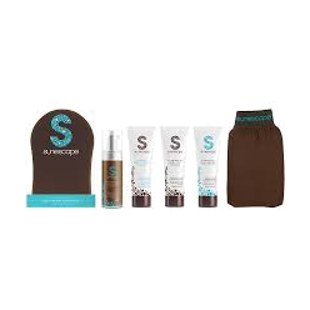 Sunescape Trousse découverte/Voyage(Mousse autobronzante instantanée 50ml, Prolongateur graduel de bronzage 50ml, Lotion scintillante corporelle teintée 50ml, Beurre corporel hydratant 50ml, Gant applicateur autobronzant & Gant Exfoliant)